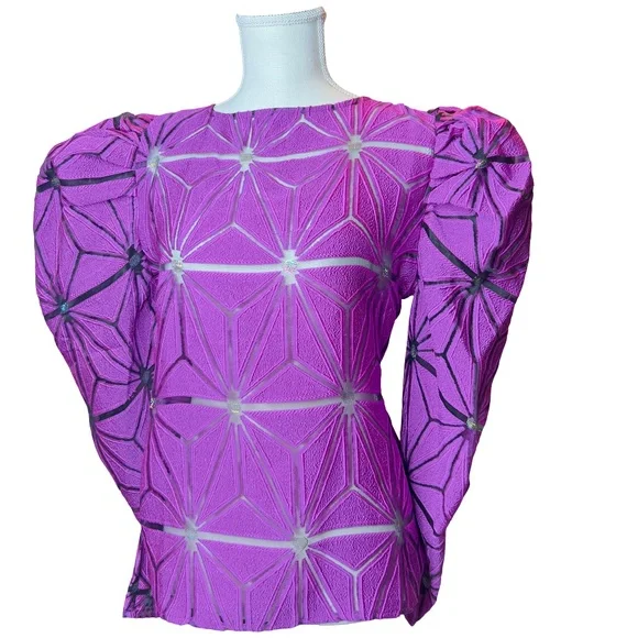#A247 NANCY COCKTAIL CHIC PURPLE GEOMETRIC RUNWAY INSPIRED PUFF SLEEVE TOP NWT L - Picture 2 of 10